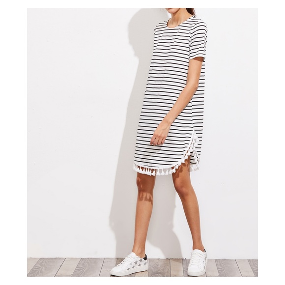 White Striped Short Sleeve Tassels Shift Tee Dress - Picture 4 of 7
